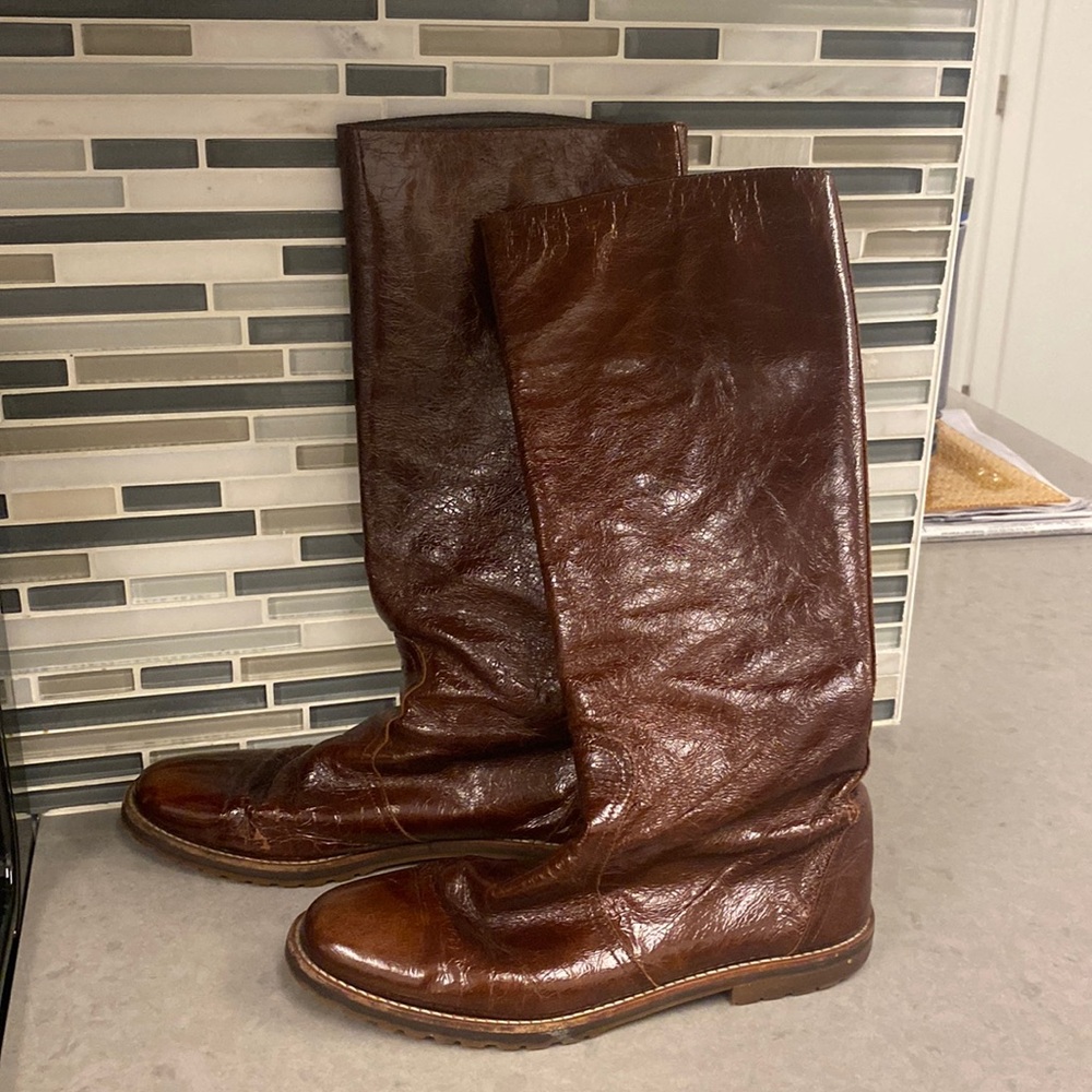 Brown patent leather Barney’s New York CO-OP tall boot.